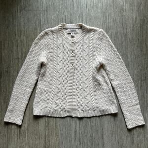 Lands’ End Cream Cable Knit Basketweave Button Down Cardigan Sweater Size Medium